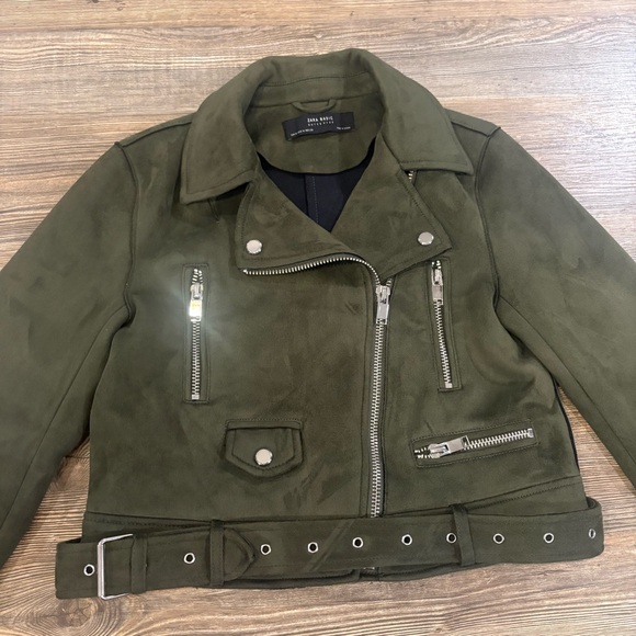 Zara Moto Jacket Medium Olive Green Faux Suede Moto Jacket Biker Zippers Belted - Picture 5 of 14